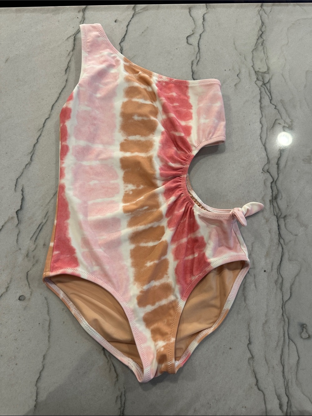 CrewCuts One-Shoulder keyhole Tie-Dye Swimsuit - Pink, Coral, Tan